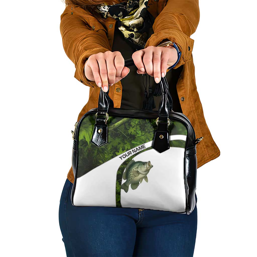 Crappie Fishing Green Camo Shoulder Handbag with Leaf Camouflage and Custom Name Design TS04