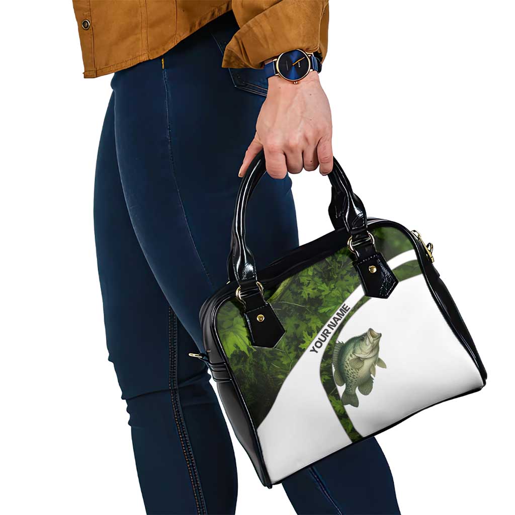 Crappie Fishing Green Camo Shoulder Handbag with Leaf Camouflage and Custom Name Design TS04