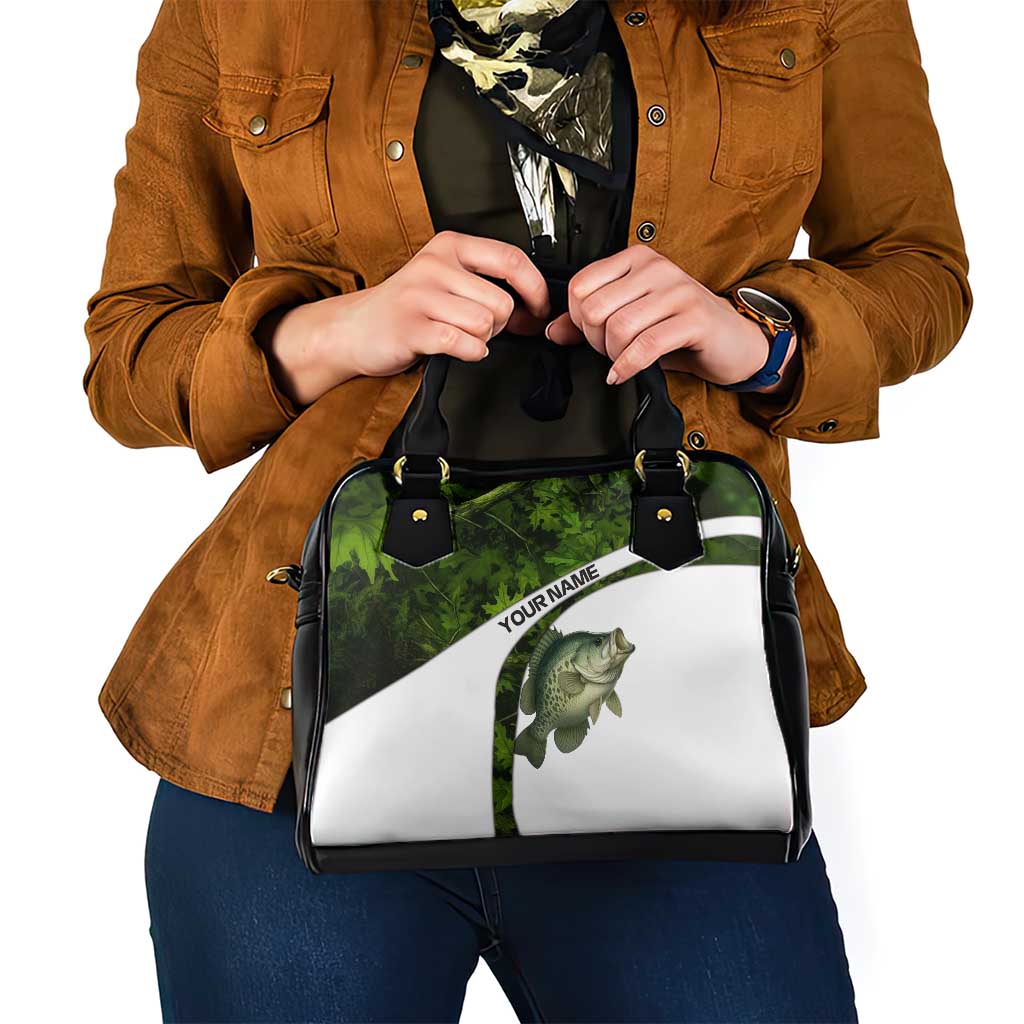 Crappie Fishing Green Camo Shoulder Handbag with Leaf Camouflage and Custom Name Design TS04