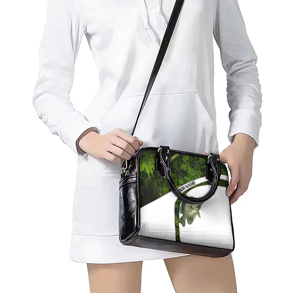 Crappie Fishing Green Camo Shoulder Handbag with Leaf Camouflage and Custom Name Design TS04