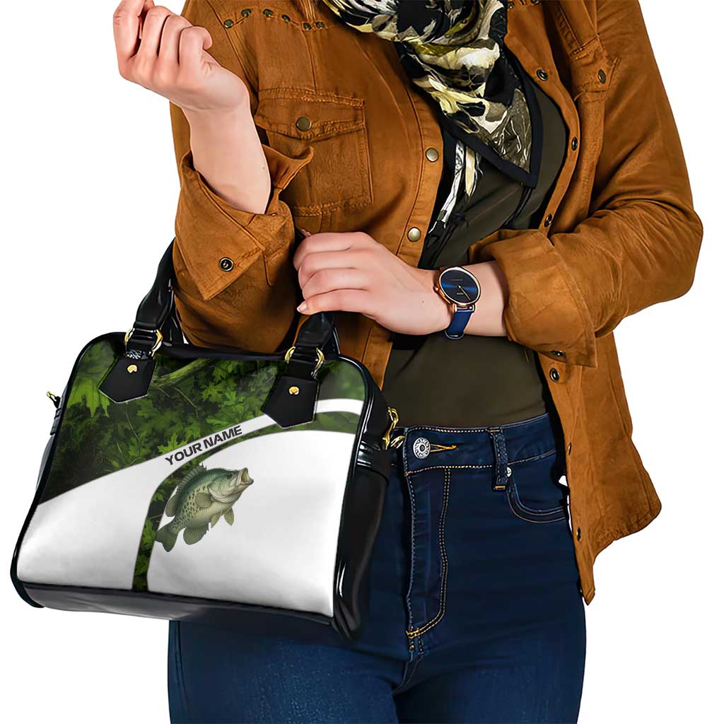 Crappie Fishing Green Camo Shoulder Handbag with Leaf Camouflage and Custom Name Design TS04