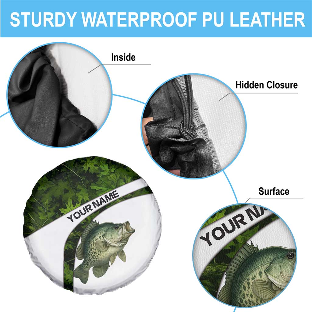 Crappie Fishing Green Camo Spare Tire Cover with Leaf Camouflage and Custom Name Design TS04