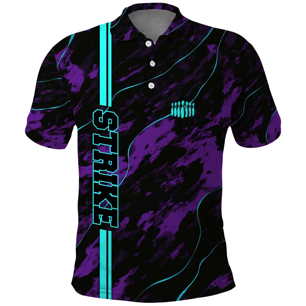 Strike Bowling Graphic Polo Shirt with Purple Black Marble Texture and Custom Team Name TS04
