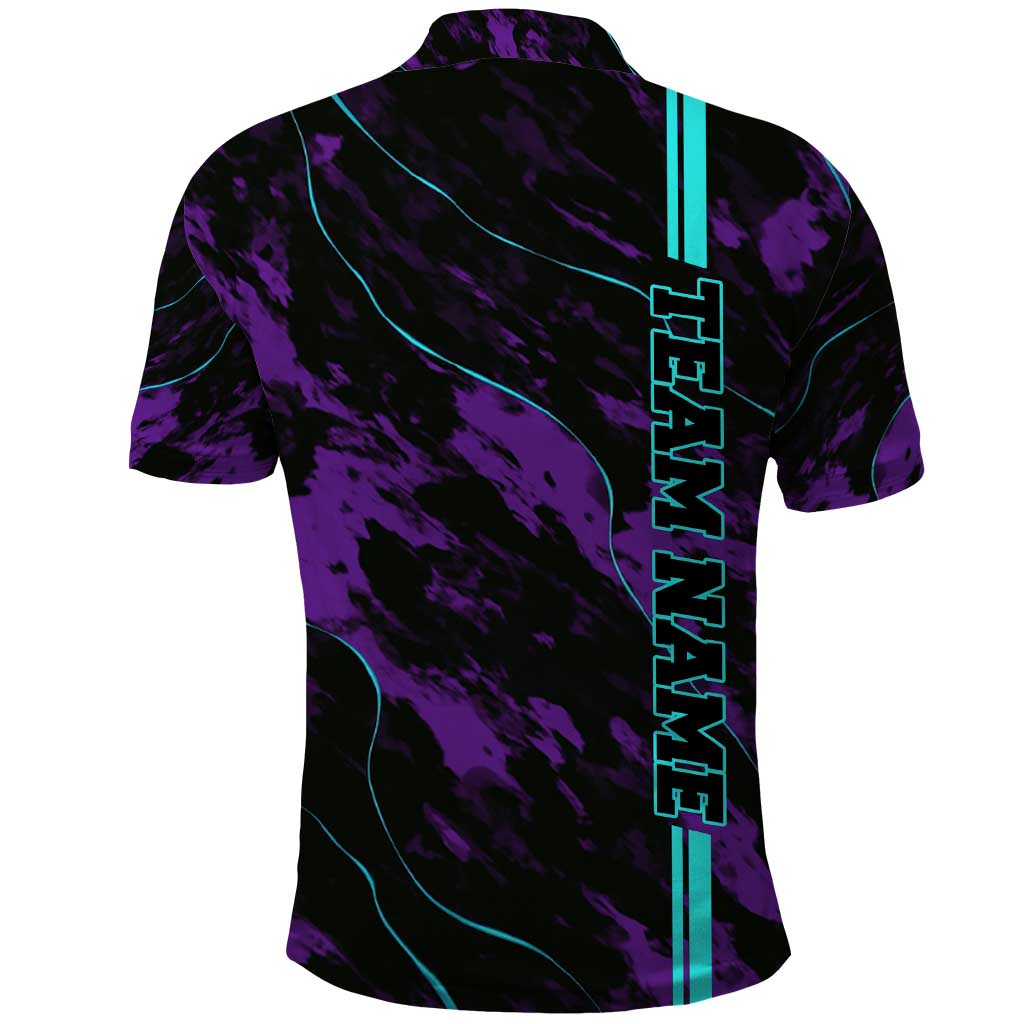 Strike Bowling Graphic Polo Shirt with Purple Black Marble Texture and Custom Team Name TS04