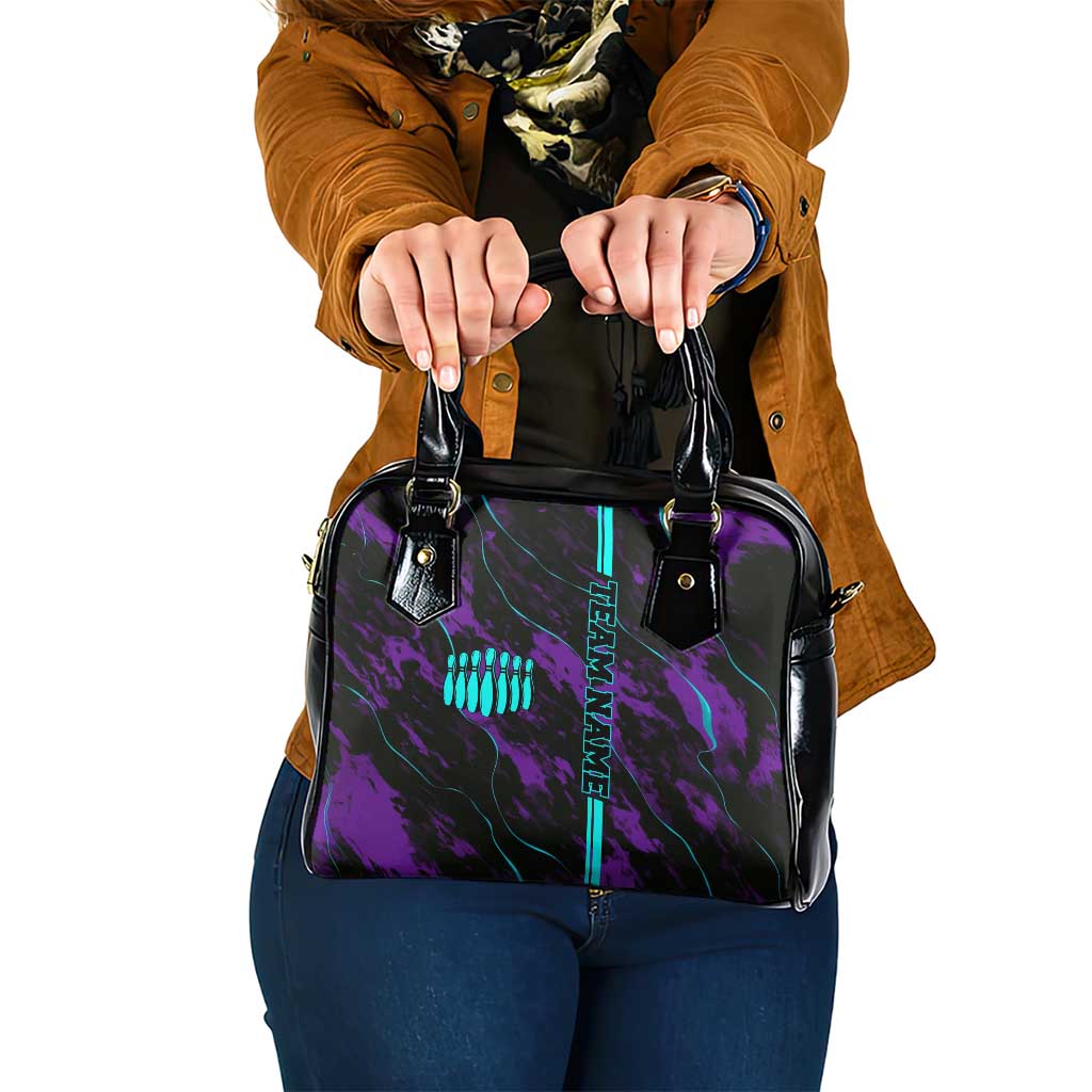 Strike Bowling Graphic Shoulder Handbag with Purple Black Marble Texture and Custom Team Name TS04