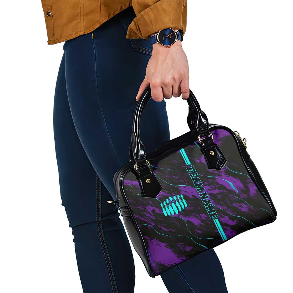 Strike Bowling Graphic Shoulder Handbag with Purple Black Marble Texture and Custom Team Name TS04