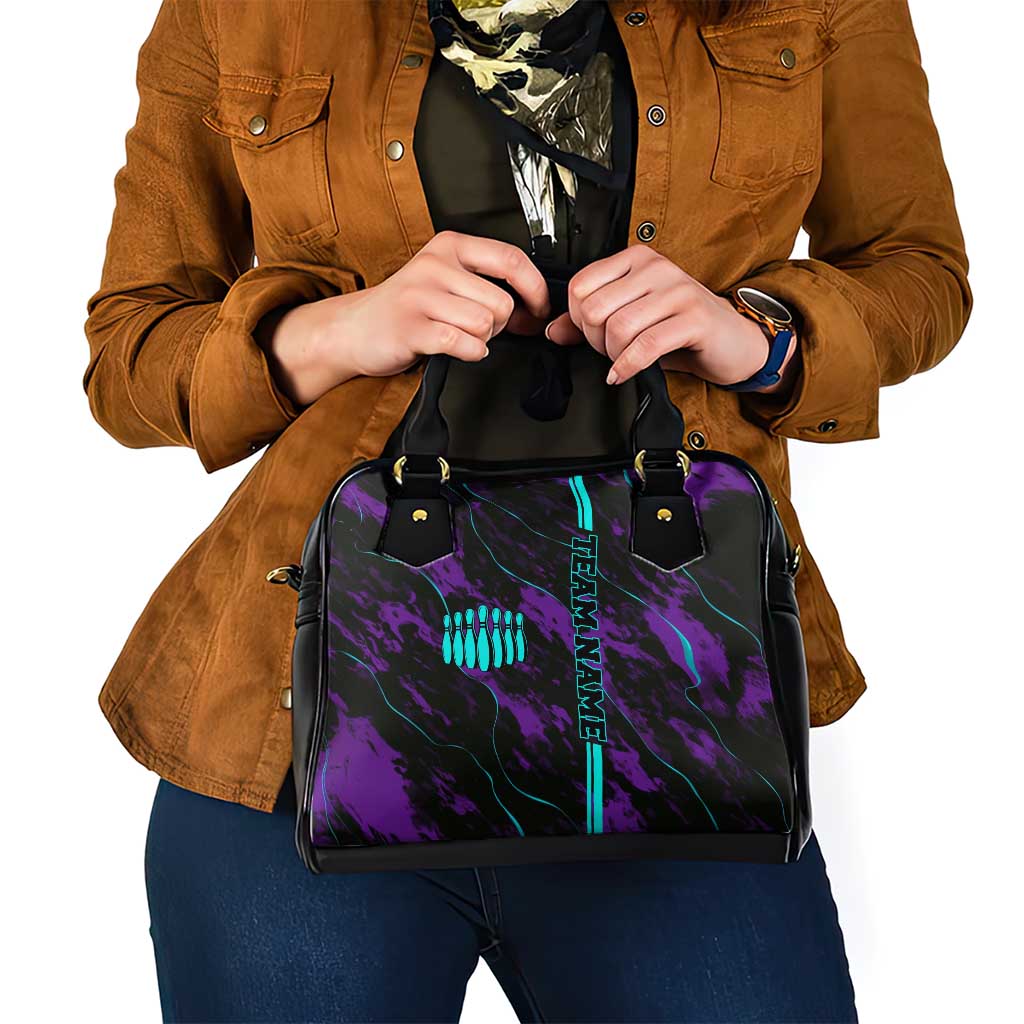 Strike Bowling Graphic Shoulder Handbag with Purple Black Marble Texture and Custom Team Name TS04