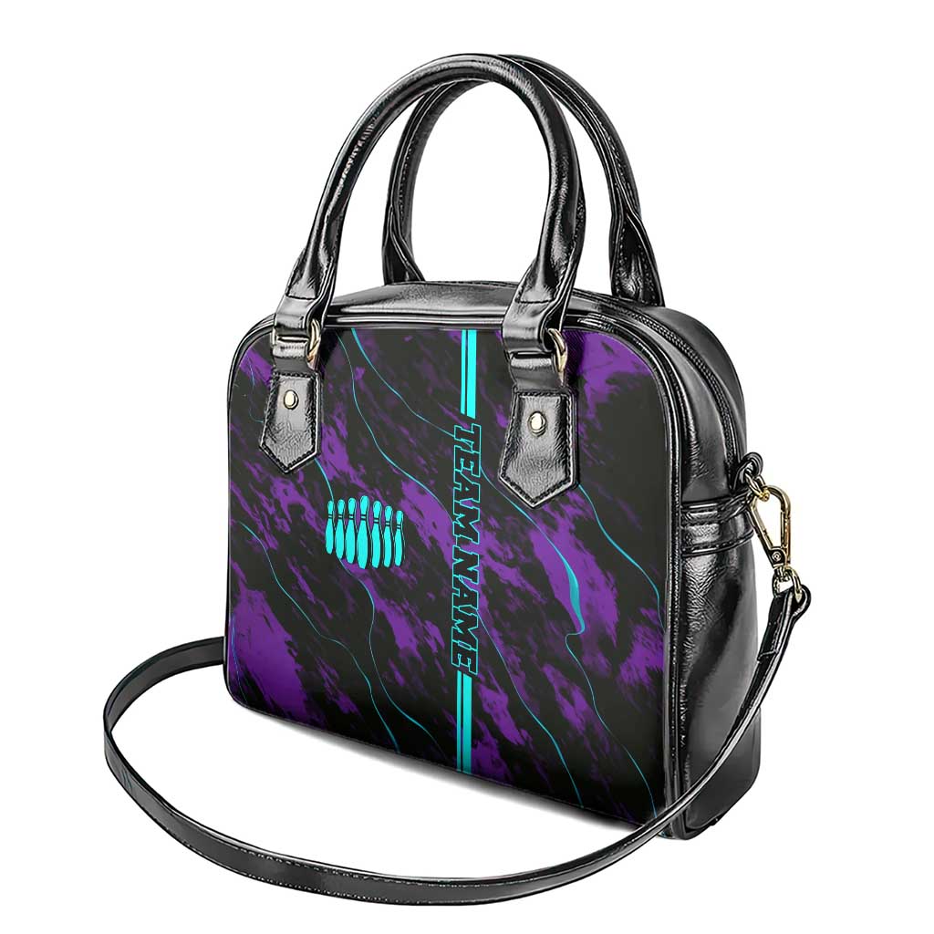 Strike Bowling Graphic Shoulder Handbag with Purple Black Marble Texture and Custom Team Name TS04