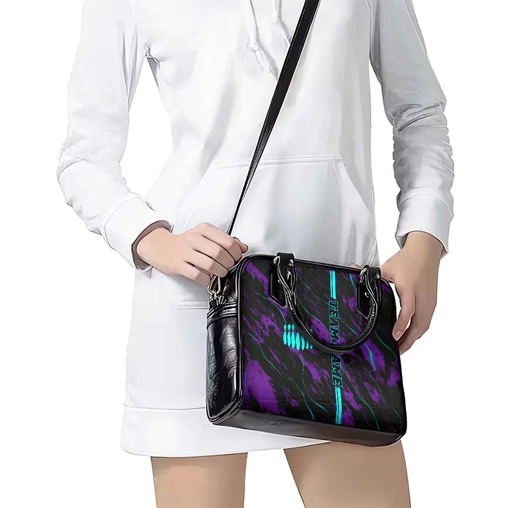 Strike Bowling Graphic Shoulder Handbag with Purple Black Marble Texture and Custom Team Name TS04