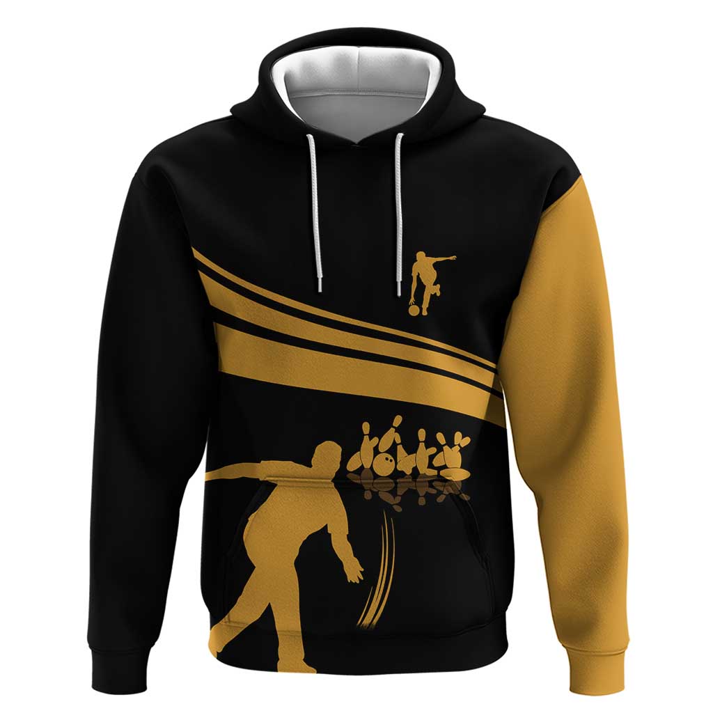 Bowling Player Silhouette Hoodie with Gold Strike Motion and Custom Team Name Design TS04