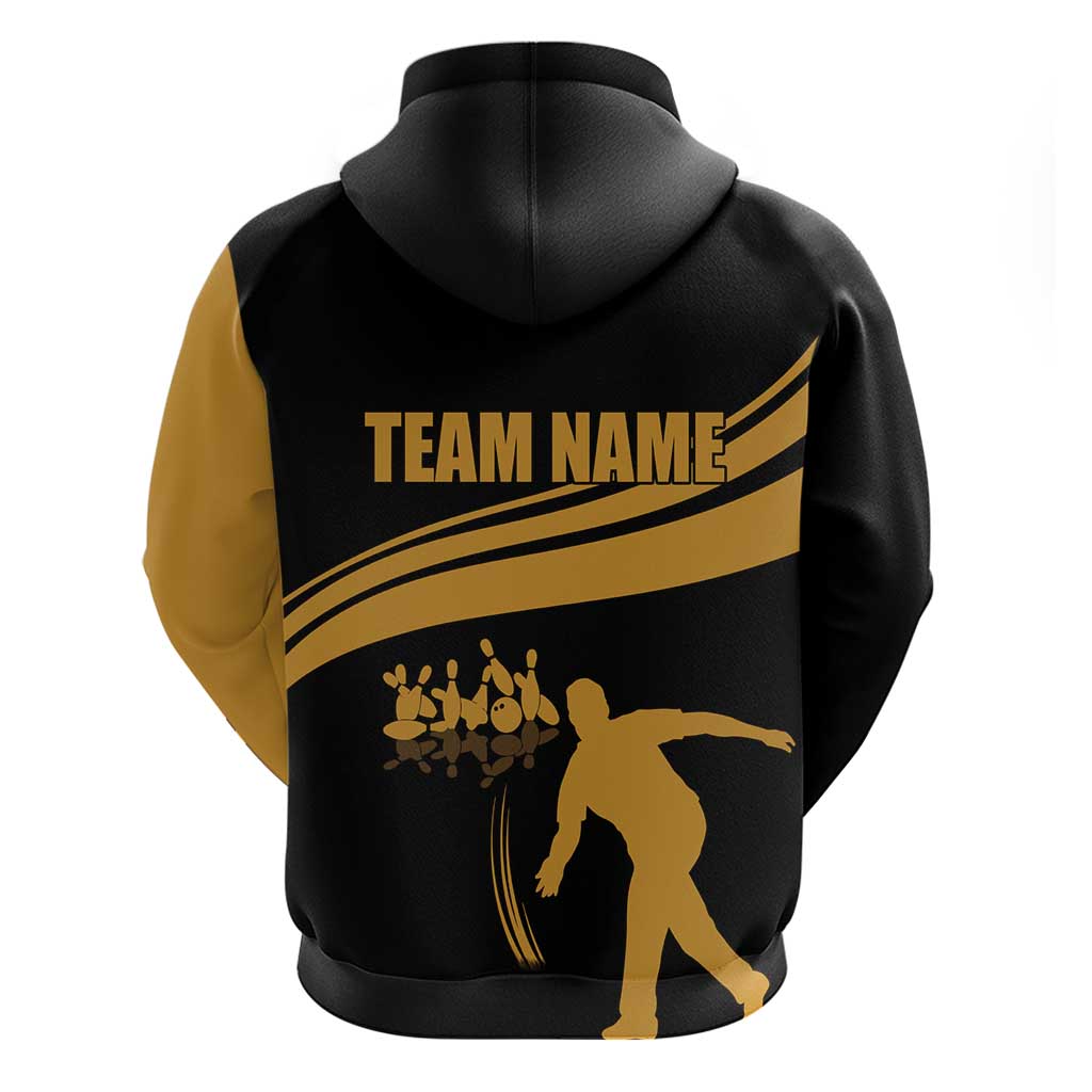 Bowling Player Silhouette Hoodie with Gold Strike Motion and Custom Team Name Design TS04