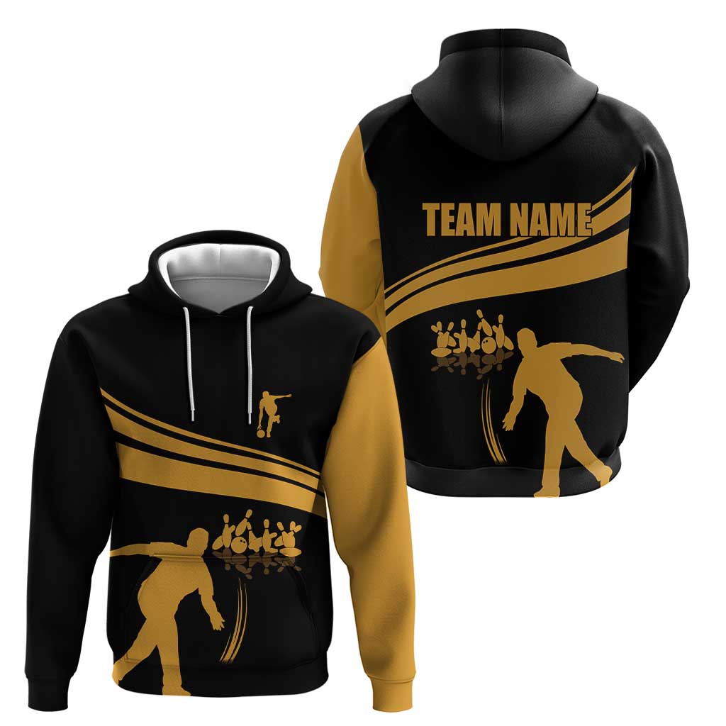 Bowling Player Silhouette Hoodie with Gold Strike Motion and Custom Team Name Design TS04
