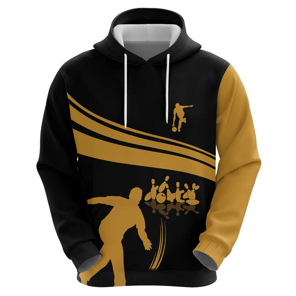 Bowling Player Silhouette Hoodie with Gold Strike Motion and Custom Team Name Design TS04