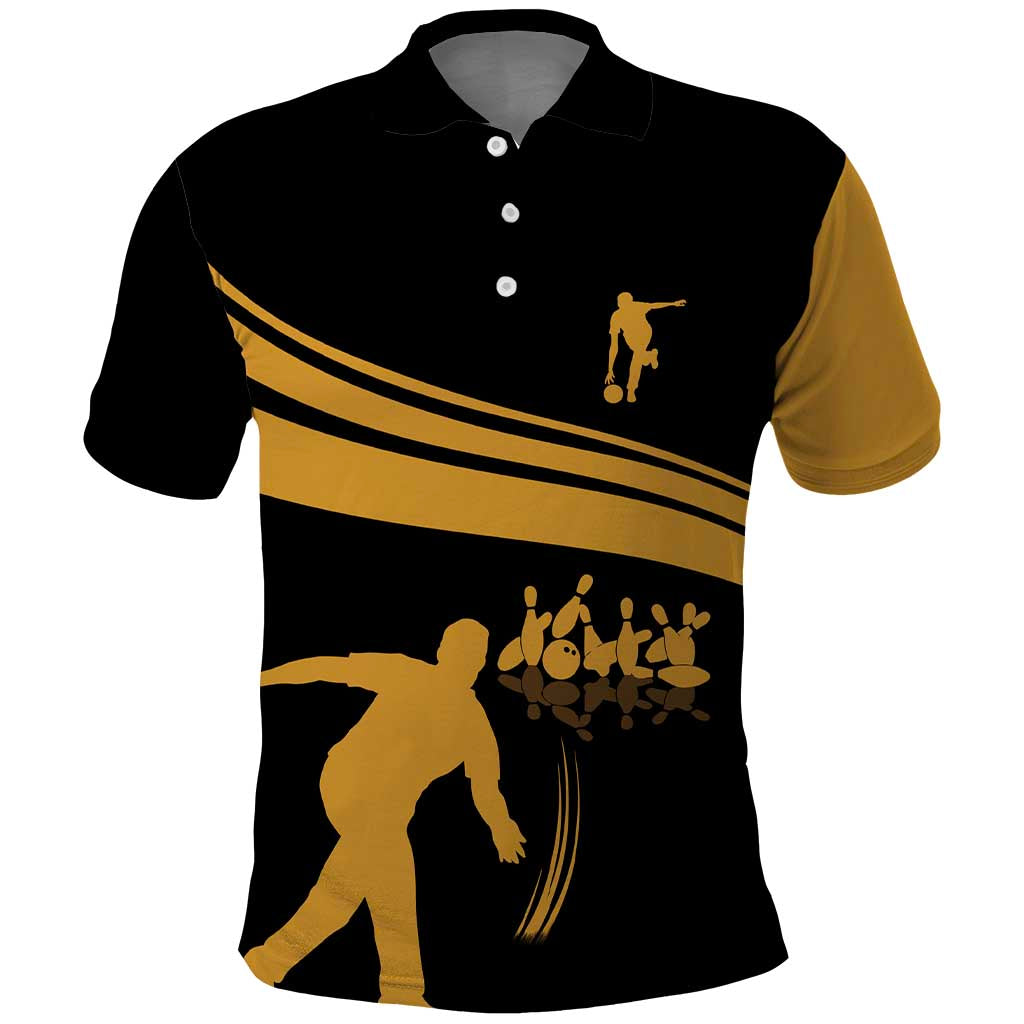 Bowling Player Silhouette Polo Shirt with Gold Strike Motion and Custom Team Name Design TS04