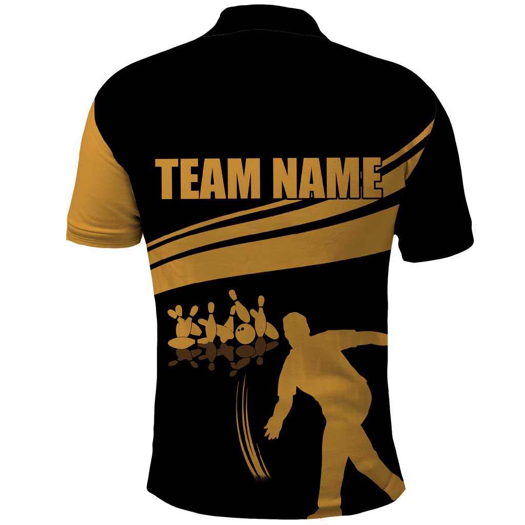 Bowling Player Silhouette Polo Shirt with Gold Strike Motion and Custom Team Name Design TS04