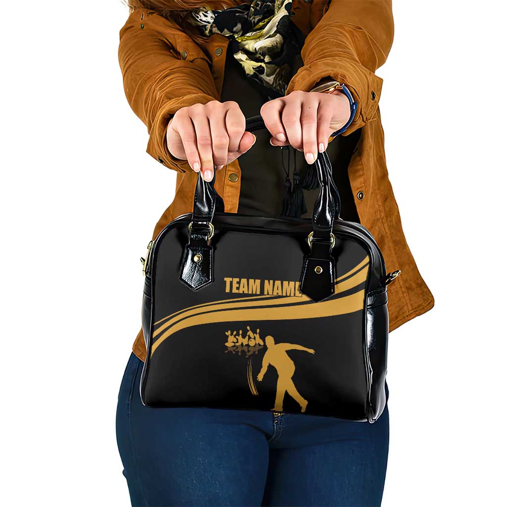 Bowling Player Silhouette Shoulder Handbag with Gold Strike Motion and Custom Team Name Design TS04
