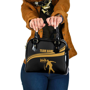 Bowling Player Silhouette Shoulder Handbag with Gold Strike Motion and Custom Team Name Design TS04