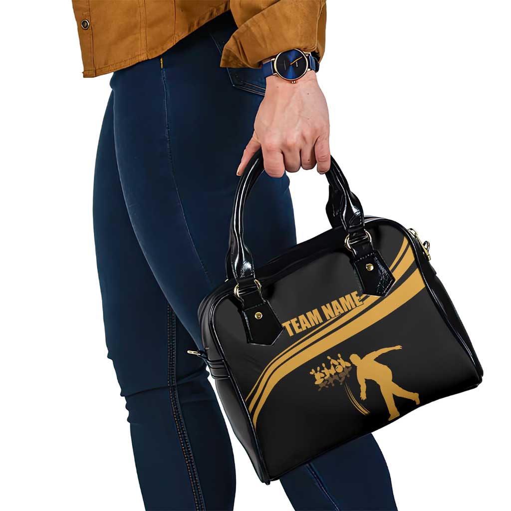 Bowling Player Silhouette Shoulder Handbag with Gold Strike Motion and Custom Team Name Design TS04