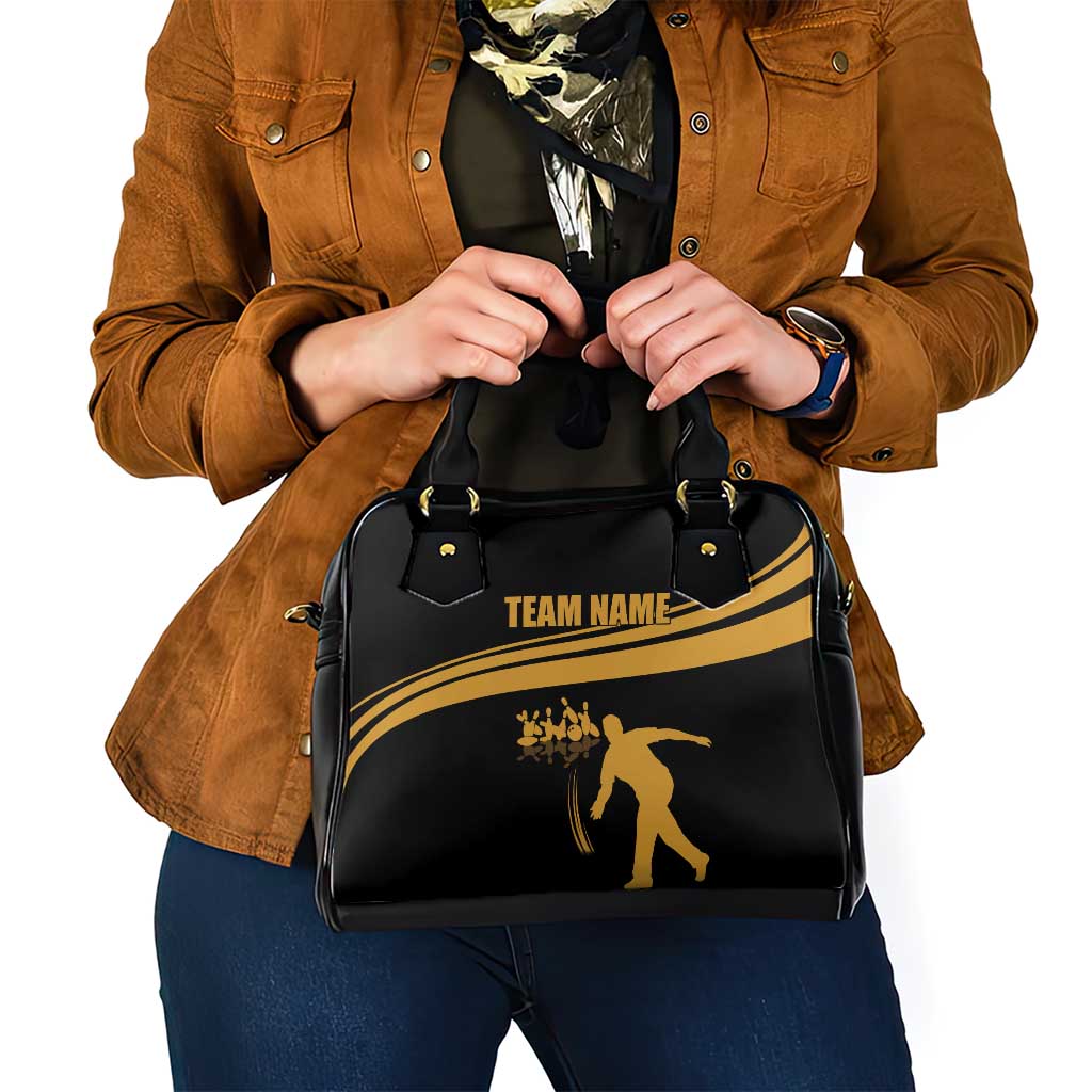 Bowling Player Silhouette Shoulder Handbag with Gold Strike Motion and Custom Team Name Design TS04