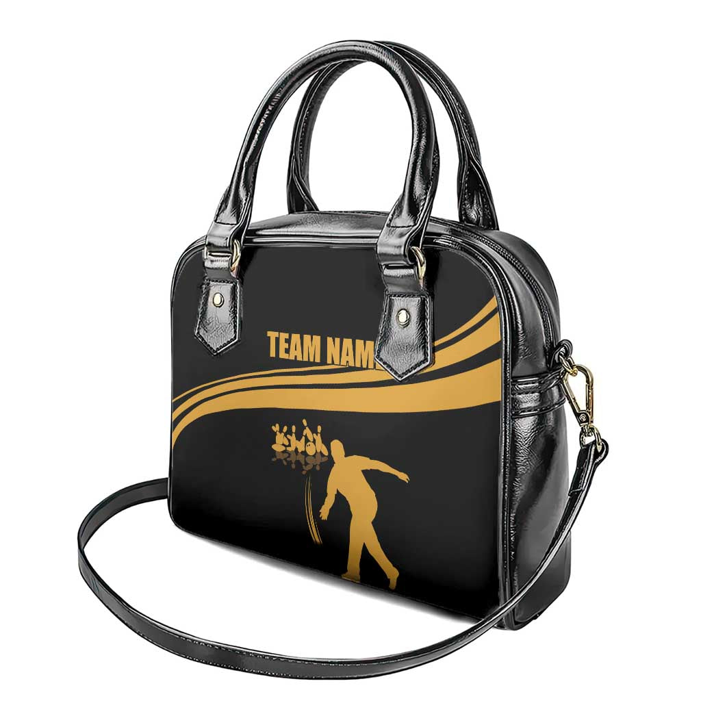 Bowling Player Silhouette Shoulder Handbag with Gold Strike Motion and Custom Team Name Design TS04