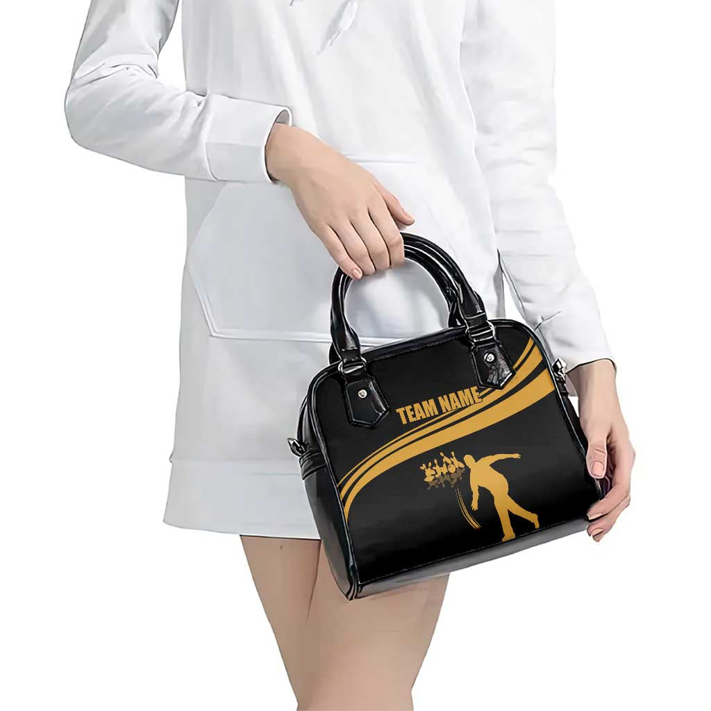 Bowling Player Silhouette Shoulder Handbag with Gold Strike Motion and Custom Team Name Design TS04
