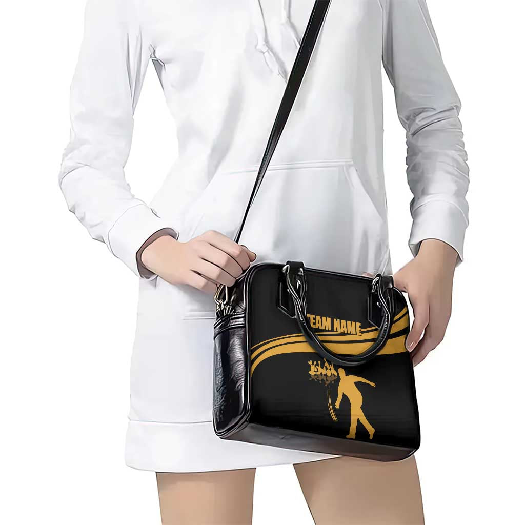 Bowling Player Silhouette Shoulder Handbag with Gold Strike Motion and Custom Team Name Design TS04