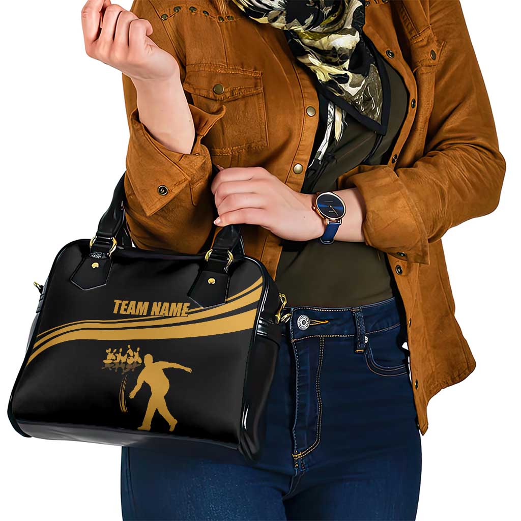 Bowling Player Silhouette Shoulder Handbag with Gold Strike Motion and Custom Team Name Design TS04