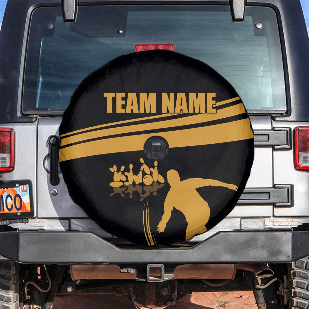 Bowling Player Silhouette Spare Tire Cover with Gold Strike Motion and Custom Team Name Design TS04