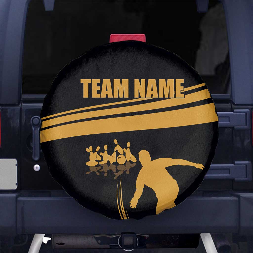 Bowling Player Silhouette Spare Tire Cover with Gold Strike Motion and Custom Team Name Design TS04