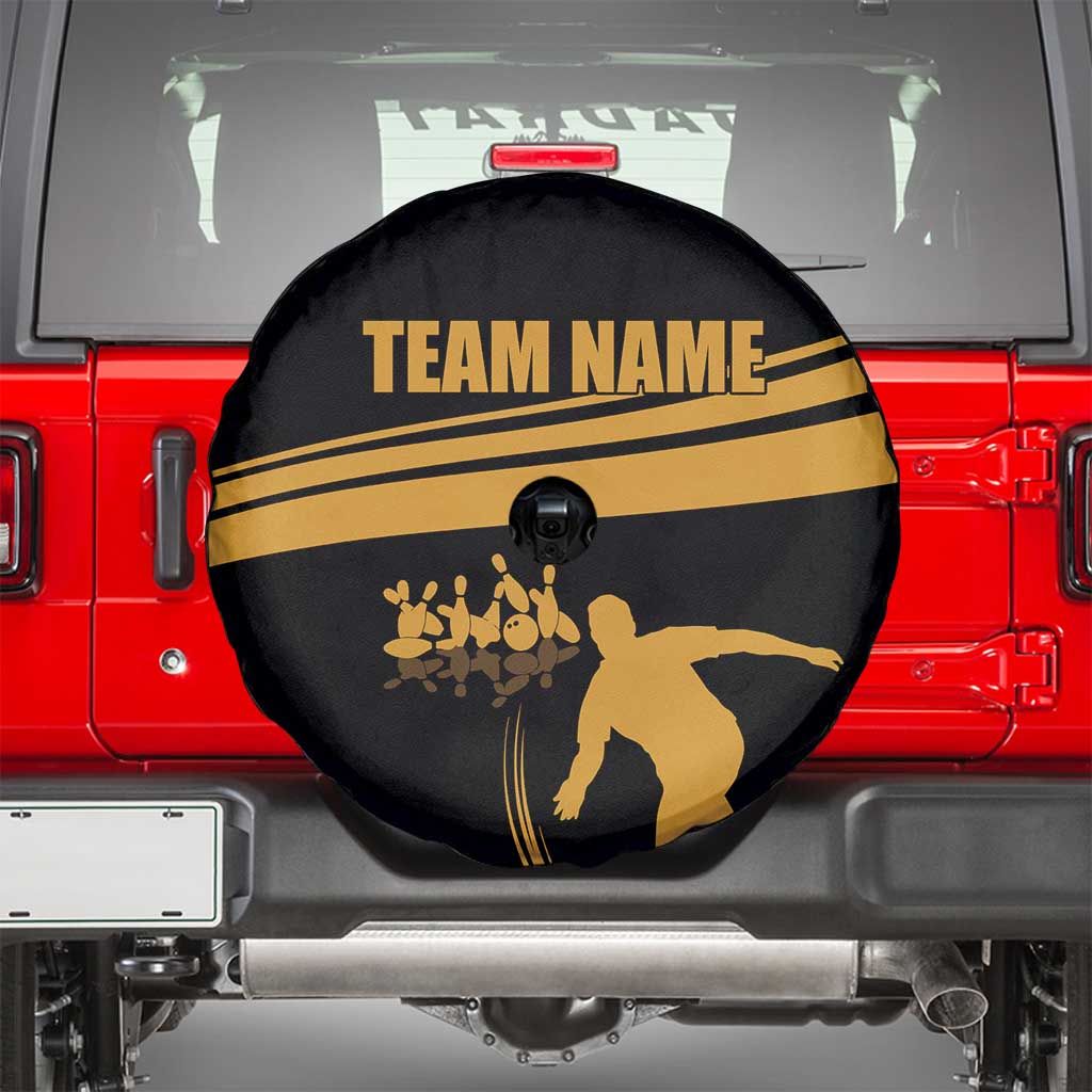 Bowling Player Silhouette Spare Tire Cover with Gold Strike Motion and Custom Team Name Design TS04