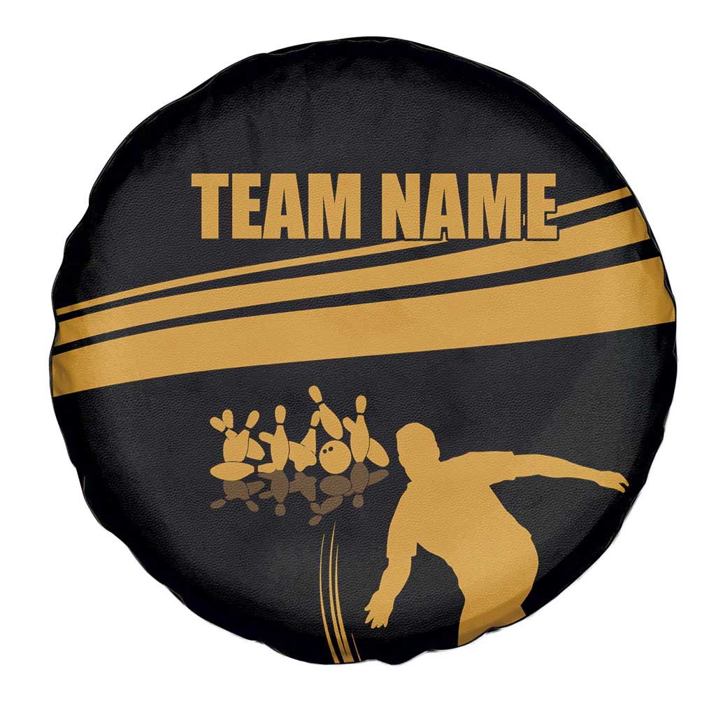 Bowling Player Silhouette Spare Tire Cover with Gold Strike Motion and Custom Team Name Design TS04