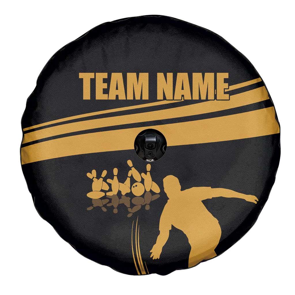 Bowling Player Silhouette Spare Tire Cover with Gold Strike Motion and Custom Team Name Design TS04