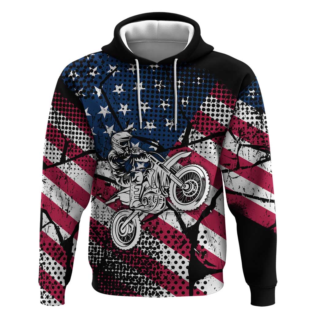 Motocross Rider Hoodie with American Flag Grunge Pattern and Custom Name Number TS04