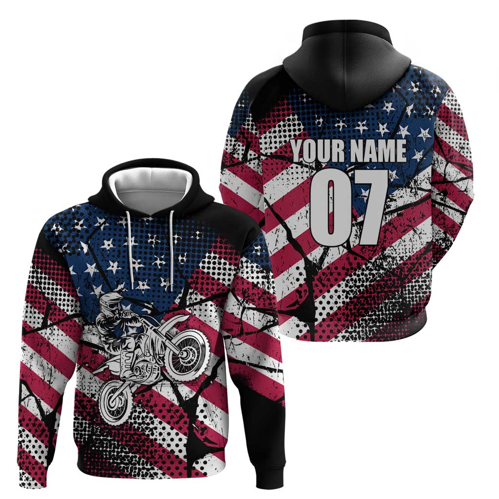 Motocross Rider Hoodie with American Flag Grunge Pattern and Custom Name Number TS04