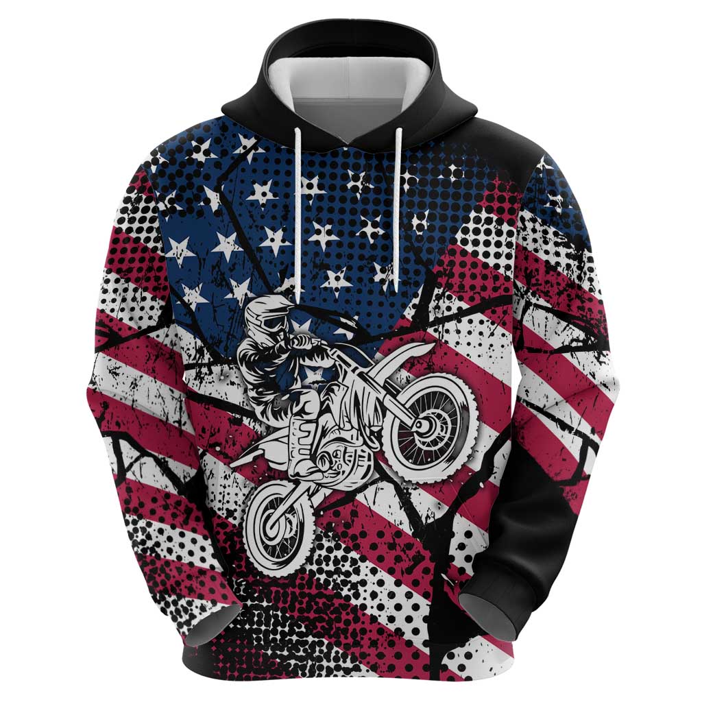 Motocross Rider Hoodie with American Flag Grunge Pattern and Custom Name Number TS04