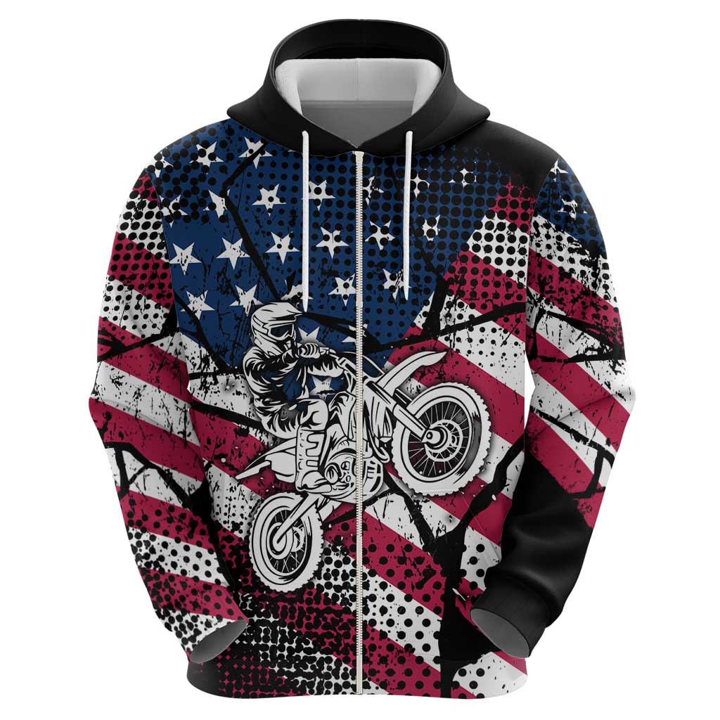Motocross Rider Hoodie with American Flag Grunge Pattern and Custom Name Number TS04
