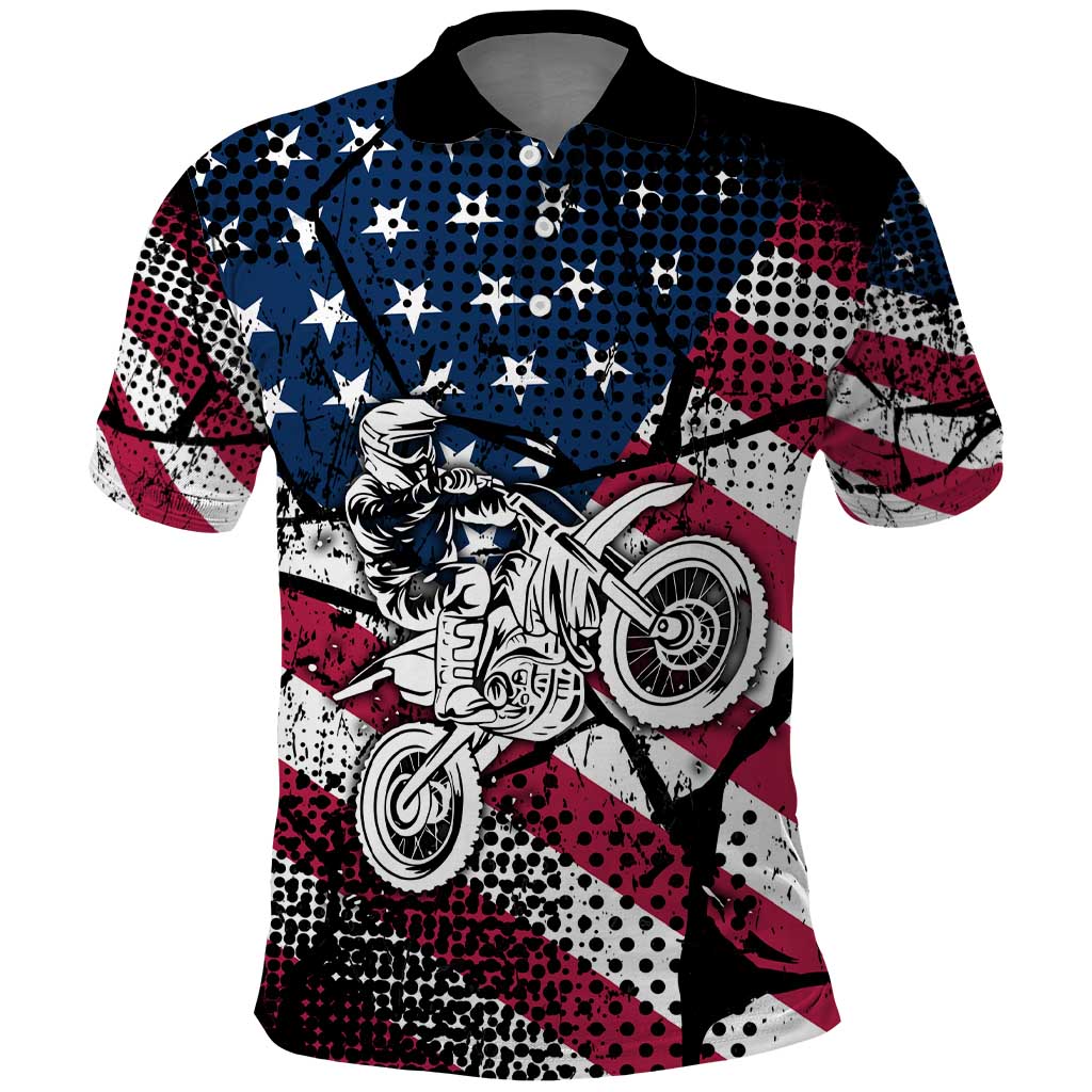 Motocross Rider Polo Shirt with American Flag Grunge Pattern and Custom Name Number TS04
