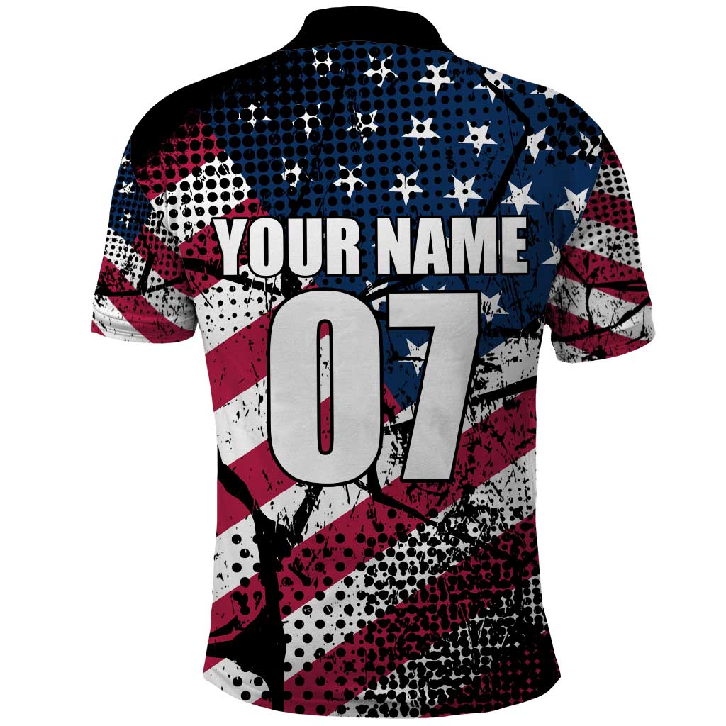 Motocross Rider Polo Shirt with American Flag Grunge Pattern and Custom Name Number TS04