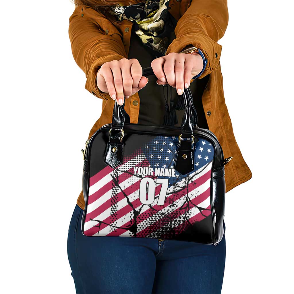 Motocross Rider Shoulder Handbag with American Flag Grunge Pattern and Custom Name Number TS04