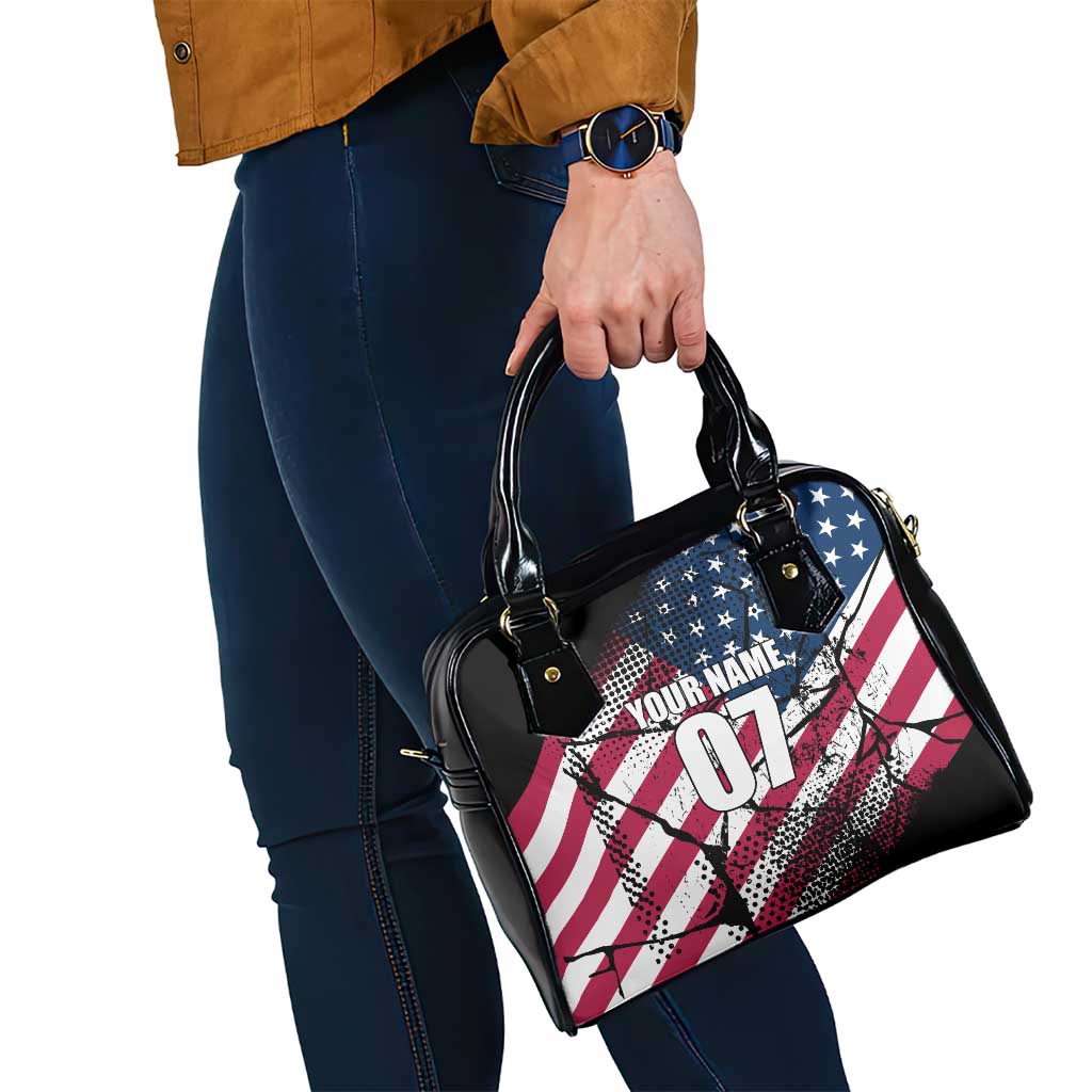 Motocross Rider Shoulder Handbag with American Flag Grunge Pattern and Custom Name Number TS04