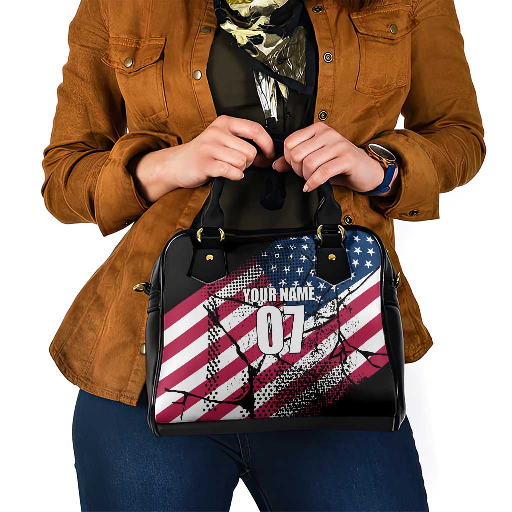 Motocross Rider Shoulder Handbag with American Flag Grunge Pattern and Custom Name Number TS04