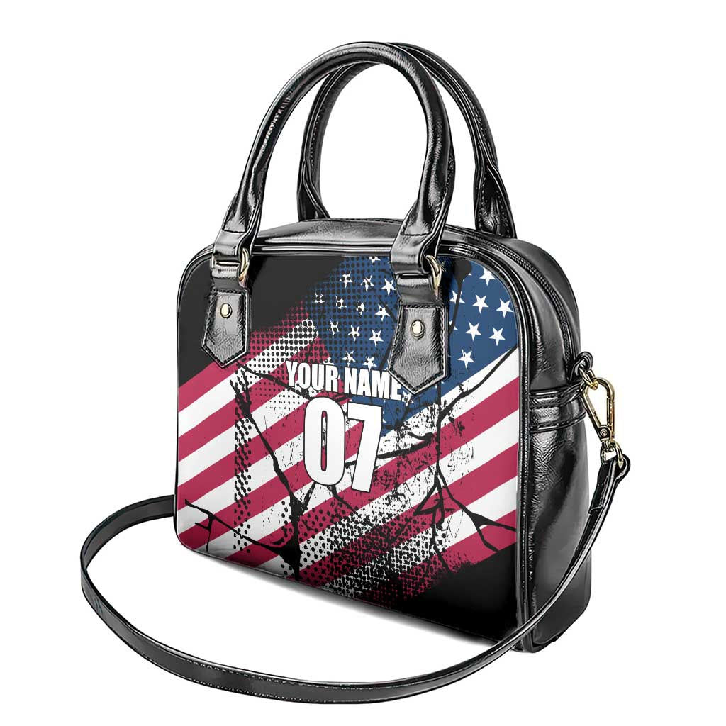 Motocross Rider Shoulder Handbag with American Flag Grunge Pattern and Custom Name Number TS04