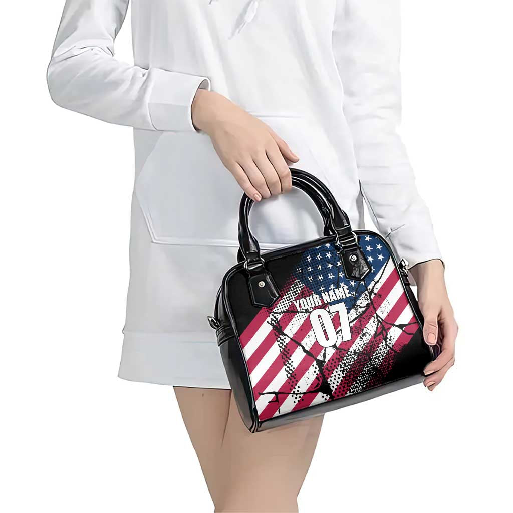 Motocross Rider Shoulder Handbag with American Flag Grunge Pattern and Custom Name Number TS04