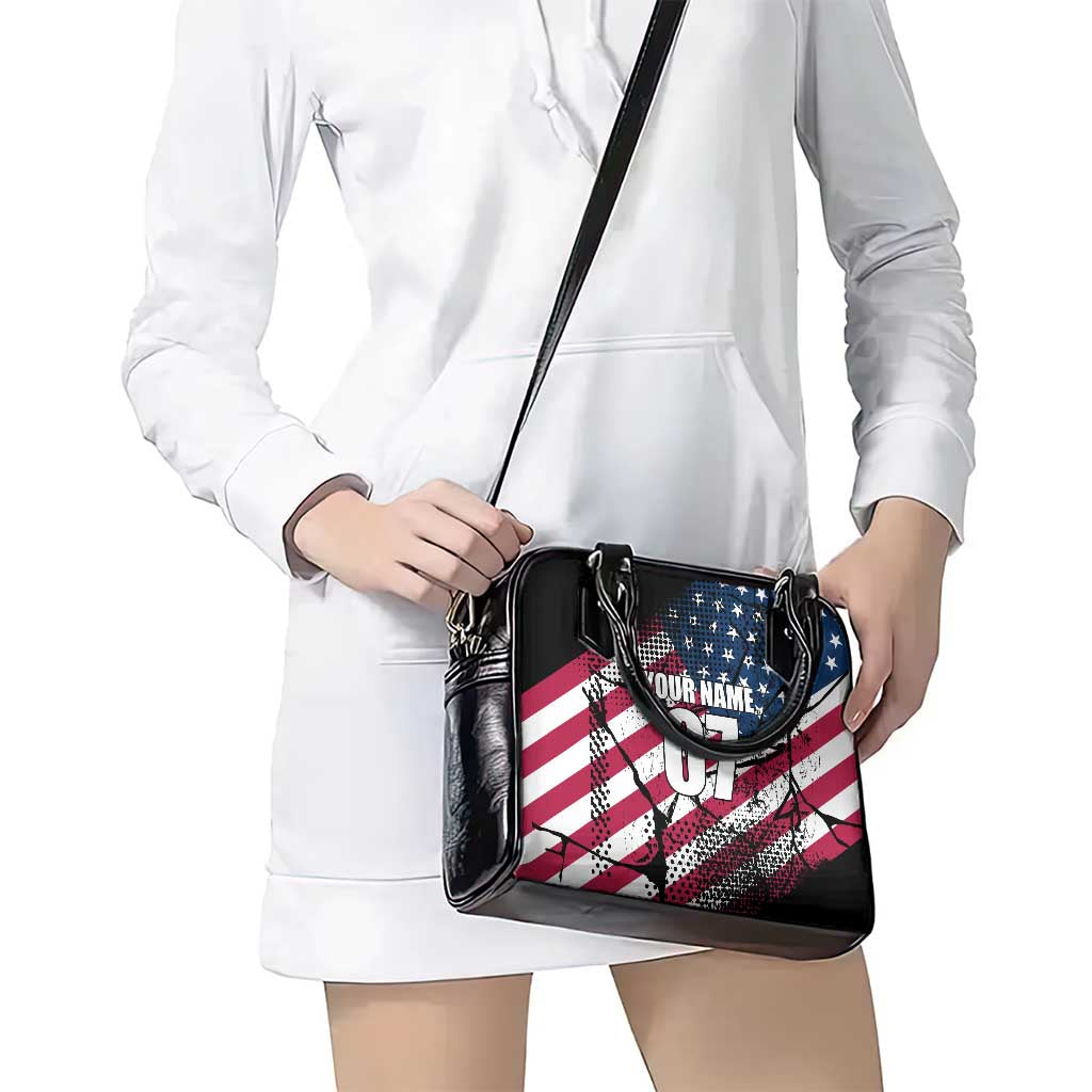 Motocross Rider Shoulder Handbag with American Flag Grunge Pattern and Custom Name Number TS04