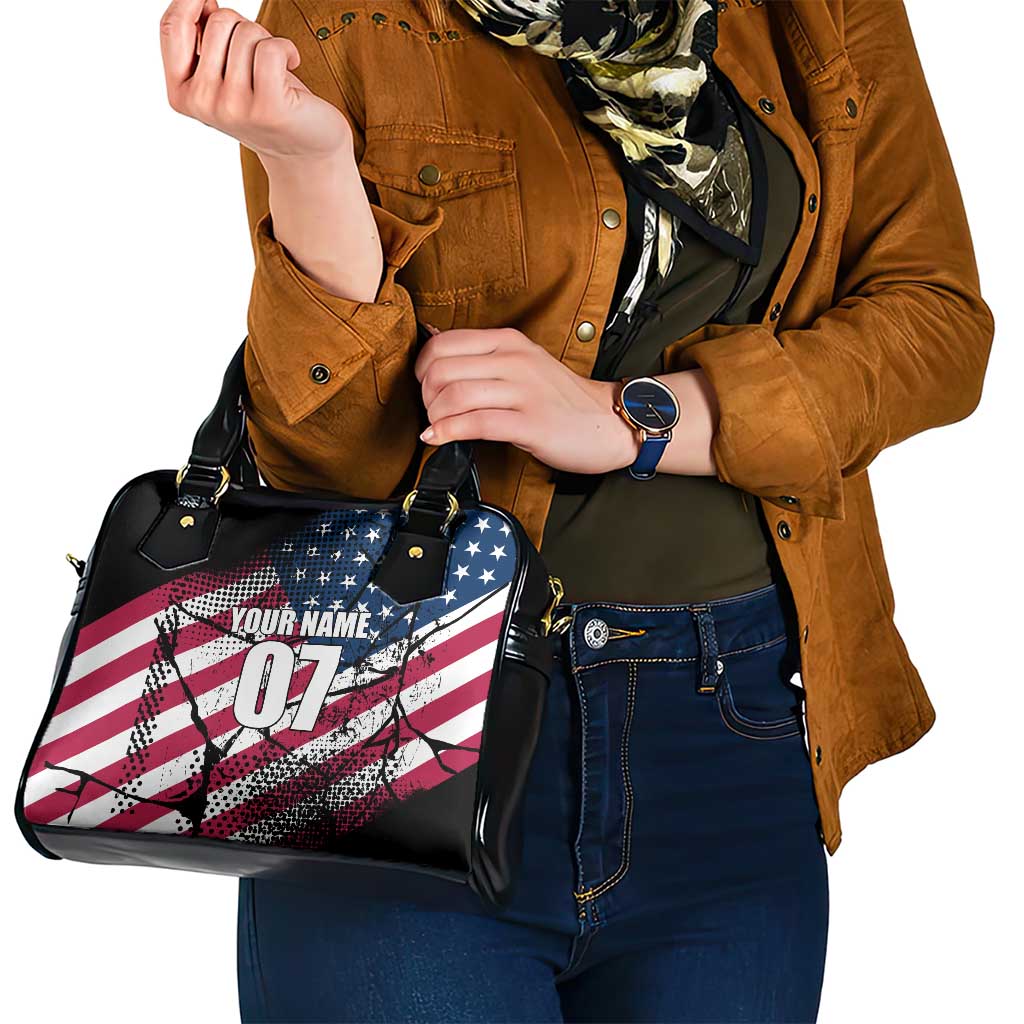 Motocross Rider Shoulder Handbag with American Flag Grunge Pattern and Custom Name Number TS04