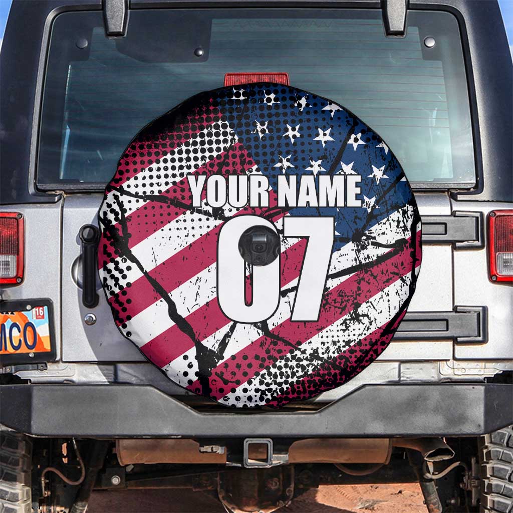 Motocross Rider Spare Tire Cover with American Flag Grunge Pattern and Custom Name Number TS04