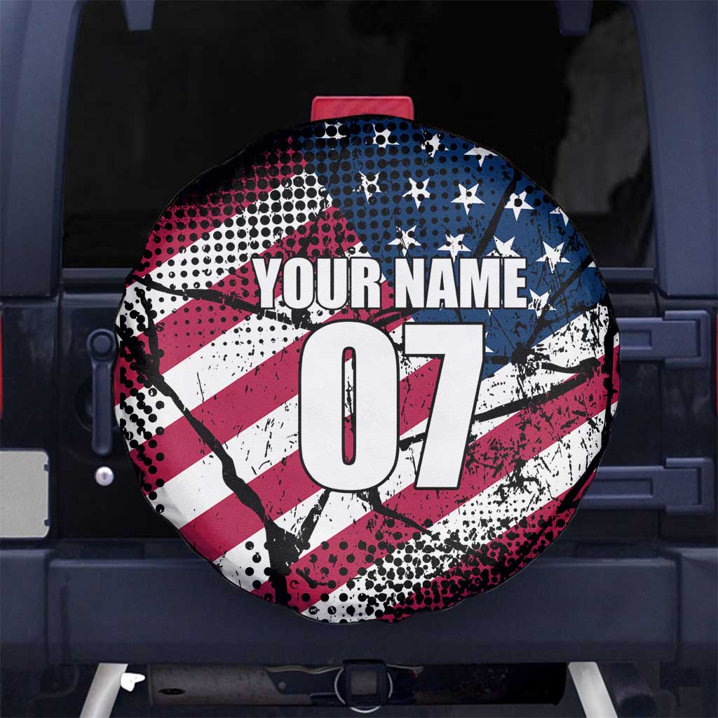 Motocross Rider Spare Tire Cover with American Flag Grunge Pattern and Custom Name Number TS04