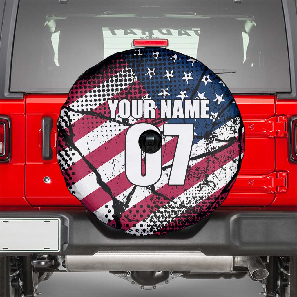 Motocross Rider Spare Tire Cover with American Flag Grunge Pattern and Custom Name Number TS04