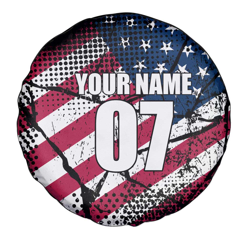 Motocross Rider Spare Tire Cover with American Flag Grunge Pattern and Custom Name Number TS04