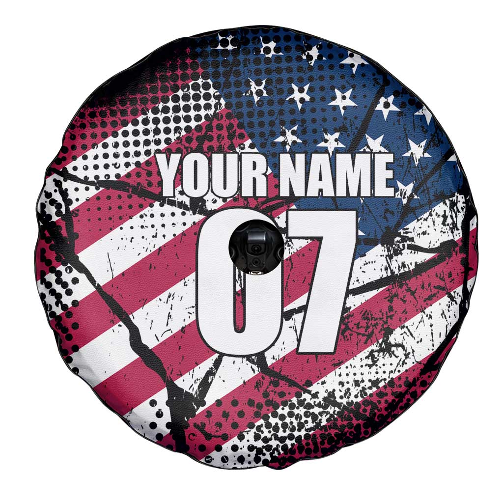 Motocross Rider Spare Tire Cover with American Flag Grunge Pattern and Custom Name Number TS04